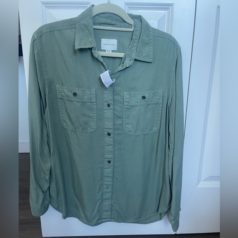 American Eagle Outfitters Women’s Tencel Olive Green Button-Up Shirt